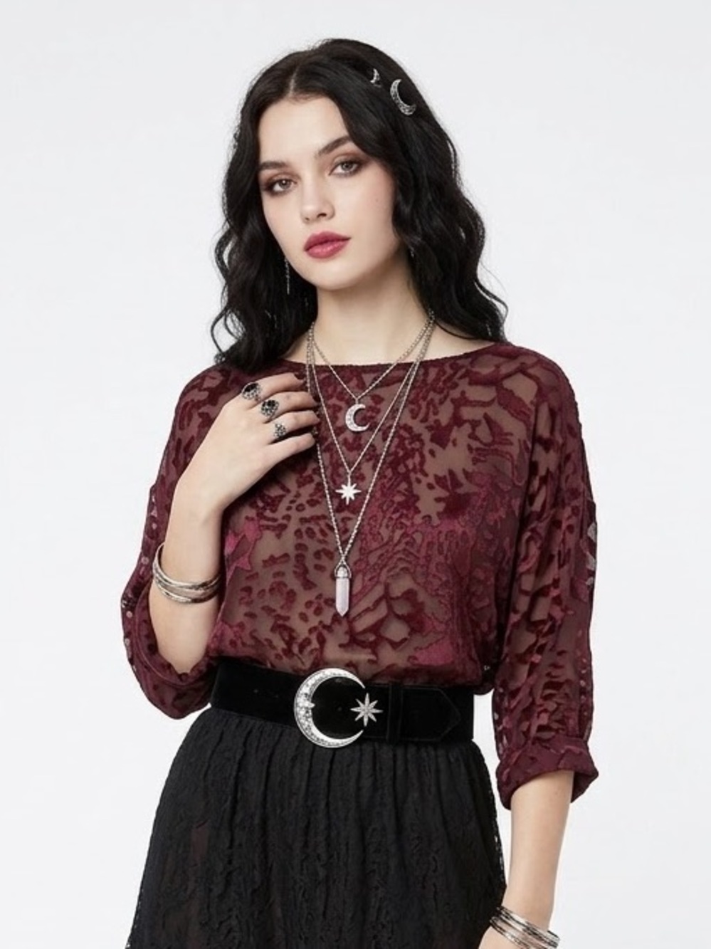 Club Monaco Whimsigoth Blouse Burgundy Silk Blend Sheer Burnout Boxy Fit Witchy